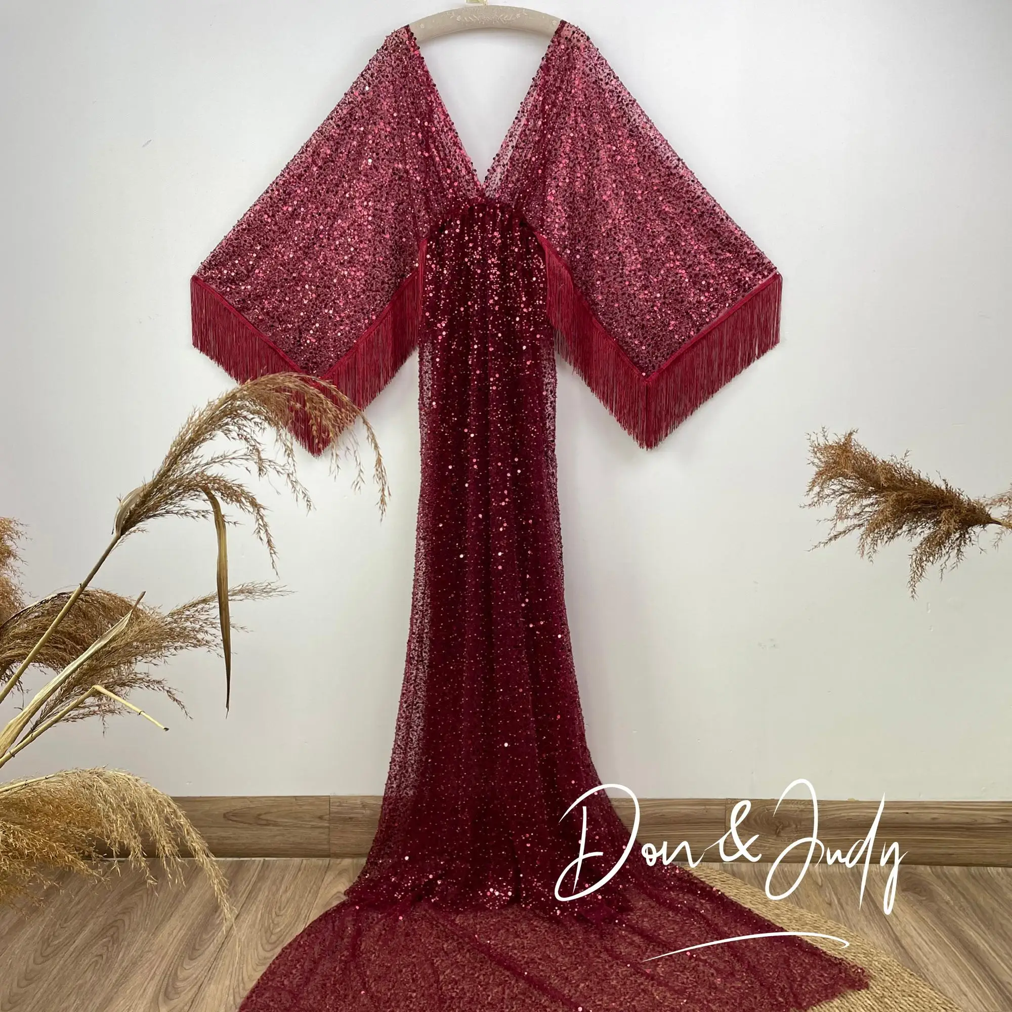 

Don&Judy Tulle Embroidery Dress For Pregnant Woman Sequin, Pearl Tassel Dress Sexy V Neck Clothing For Evening Party