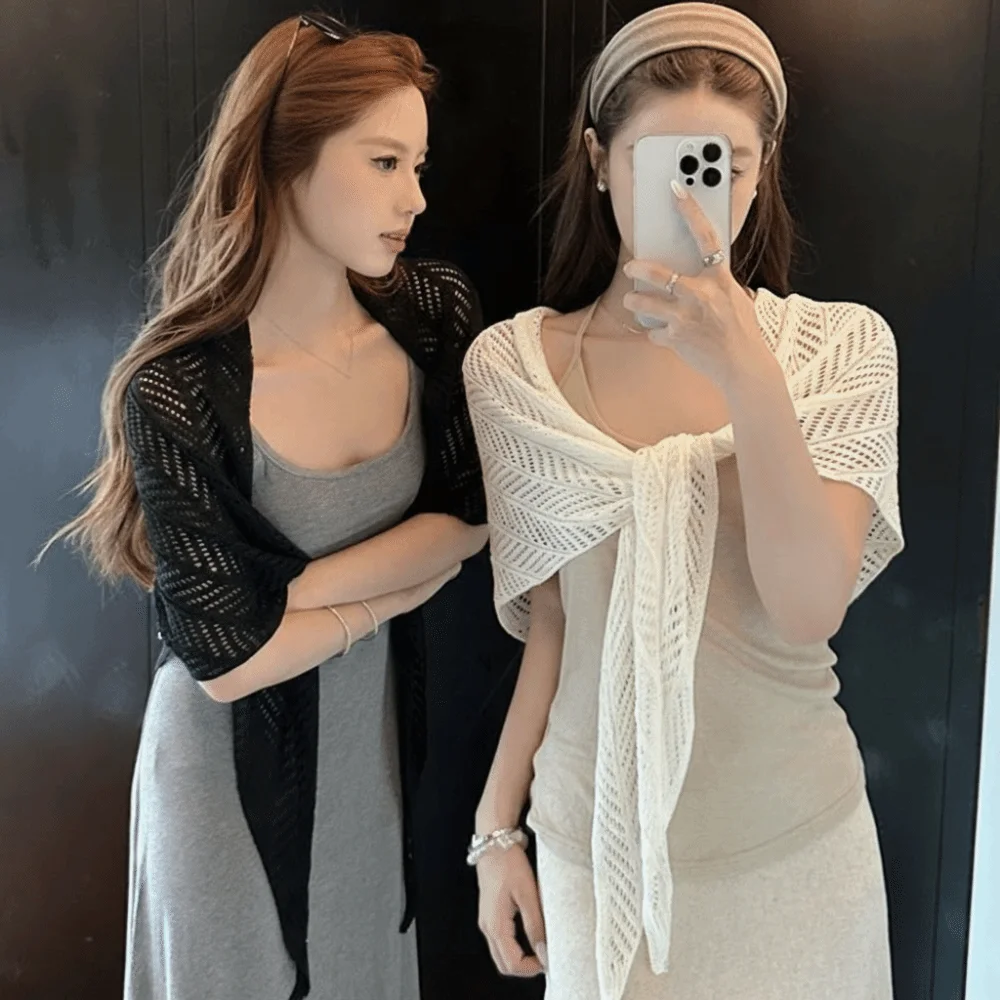 

Summer Hollow Out Knitted Triangle Scarf Sun Protection Thin Vacation Shawl Breathable Solid Color Cardigan Cape