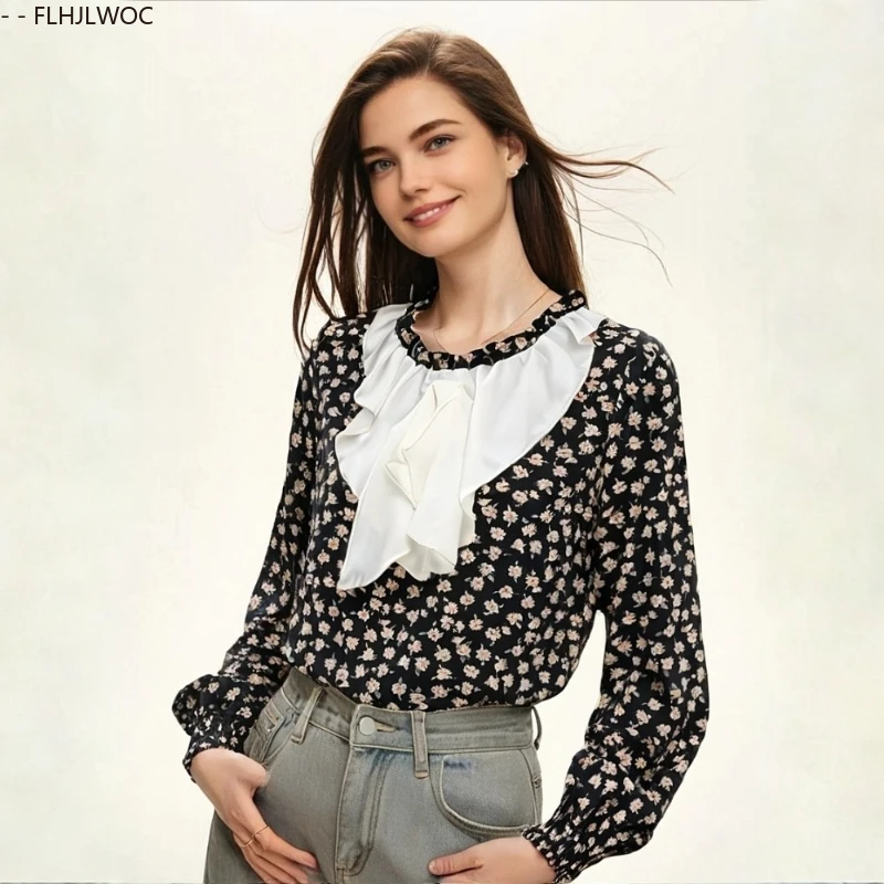 

Ранняя осень 2022, женская рубашка, уникальный дизайн, FLHJLWOC, топы с оборками, цветочный принт, круглый вырез, рукав-фонарик, французская свободная блузка