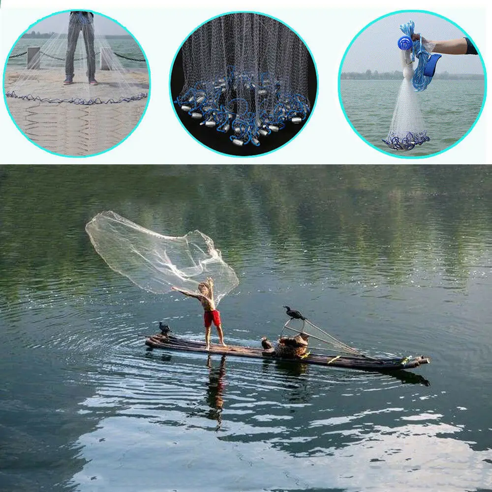 22 Feet Hand Casting Fishing Net Easy Throw Bait Nylon Mesh Spin Trap Mesh Dense Mesh Netting Twine durable Bottom Ropes