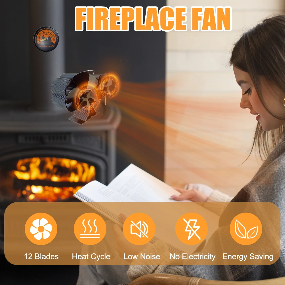 Wood Stove Fan Heat Powered Dual Silent Motors 6 Blades Non-Electric Heat Activated Fireplace Fan with Bracket Perfect for Wood