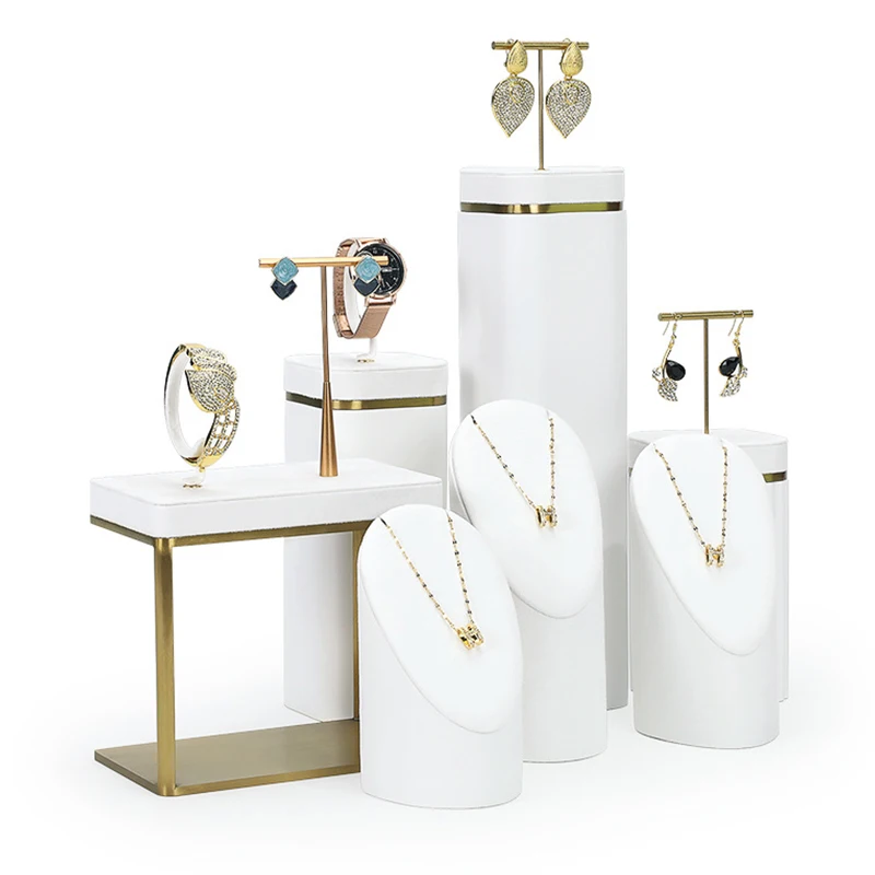 New white velvety leather jewelry window display props, earrings, human figure necklaces, bracelets and accessory display stands