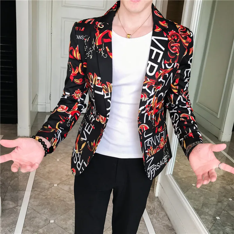 2022 spring and autumn men\'s personality trend printing slim button suit trendy small suit jacket men