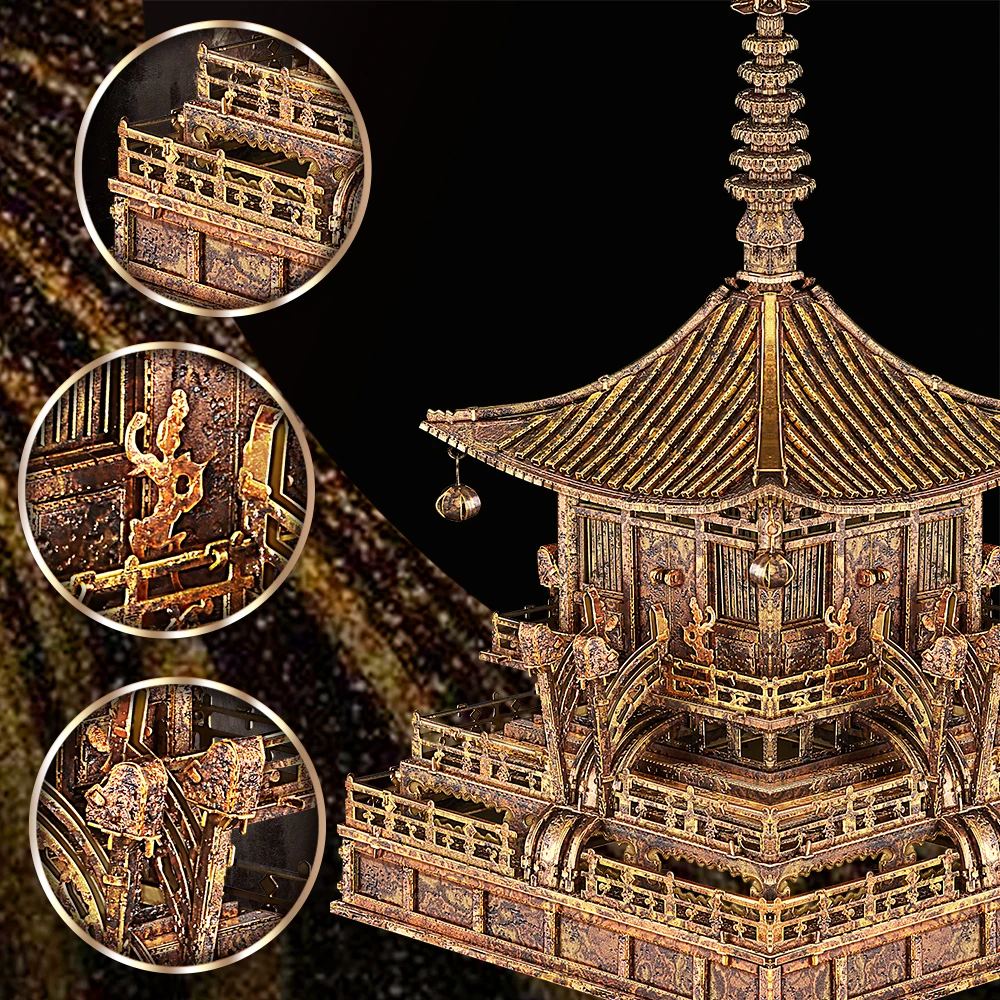 Piececool 3D Metal Model Kits Gilt Bronze Pagoda Building 3d Puzzle DIY Toys Creative Gifts Assembly Jigsaw for Home Decoration