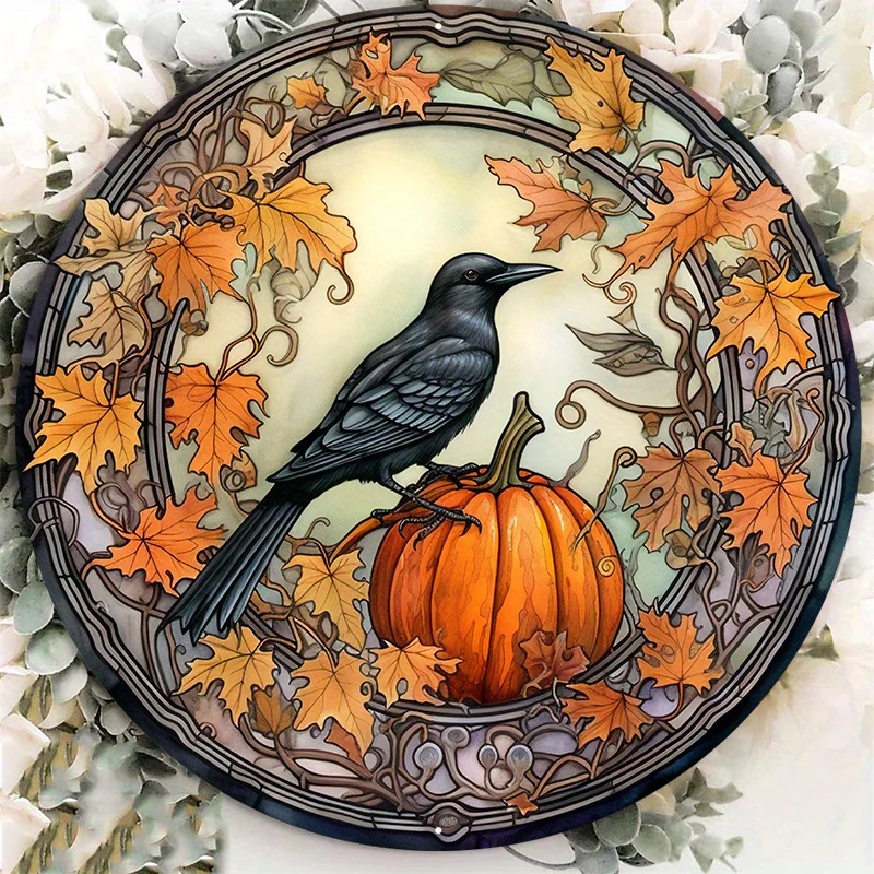 

Decorative Aluminum Metal Sign, Vibrant Orange Pumpkin and Crow Harvest Wreath Design, Wall Art, Home Decor, Autumn, Fall, 8x8in