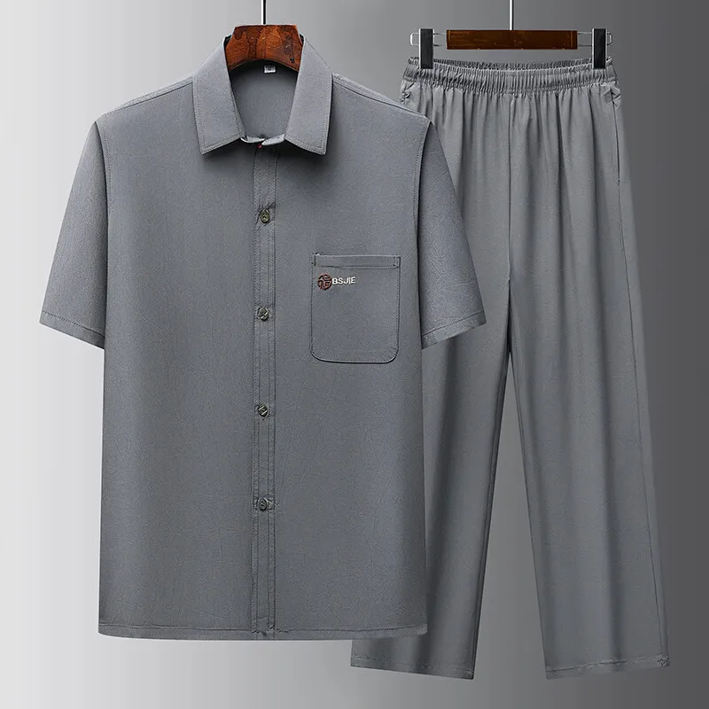 

2025 summer Men's Casual Sets Chinese style Shirts + Pants Middle aged Sportswear Male Fashion short sleeves Shirt Trousers Sets