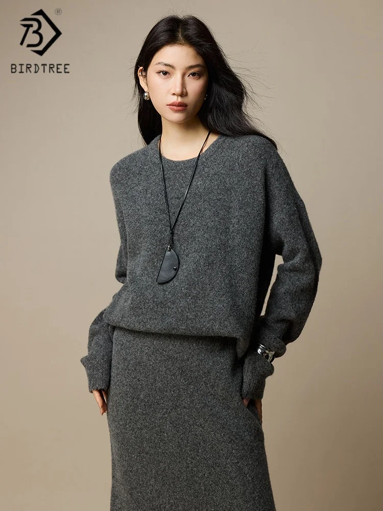 

Birdtree, овечья шерсть 99,6% 17,8% вязаный свитер из шерсти яка, женский однотонный трикотаж с круглым вырезом, толстый пуловер осень/зима 2025 T5O007JF
