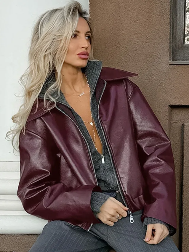 

Women's Long Sve Leather Jaet Pure Color Biker Sle Commute Faion Regular Fit Chinese Manufacturer Fall Season