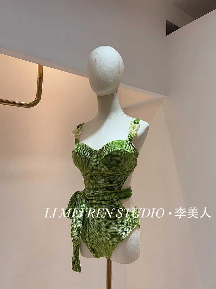 New green velvet one-piece swimsuit for women, sexy and pure desire style, high-end