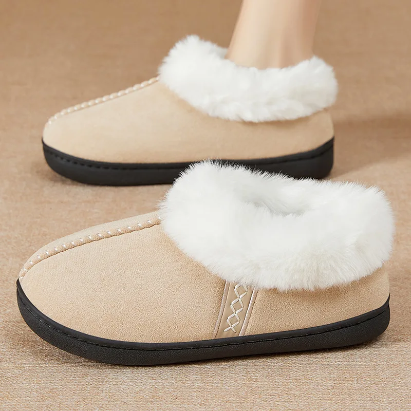 

2025 Winter Warm Women's Fur Slippers Luxury Faux Suede Plush Couple Cotton Indoor Shoes Flat Heels Fluffy Bedroom Slippers