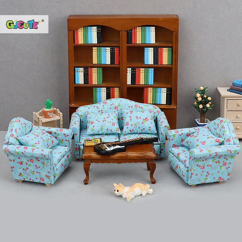 1/3Pcs 1:12 Dollhouse Miniature Single Sofa Double Sofa With Pillow Blue Background Red Small Floral Sofa Model Furniture Toys