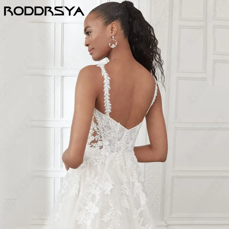 RODDRSYA-vestidos de novia bohemios de encaje con cuello en V, corte en A, Vintage, tul, Suknia soblubna, elegantes tirantes finos, fiesta nupcial, hecho a medida vestidos de novia bohemios de encaje con cuello en V, c