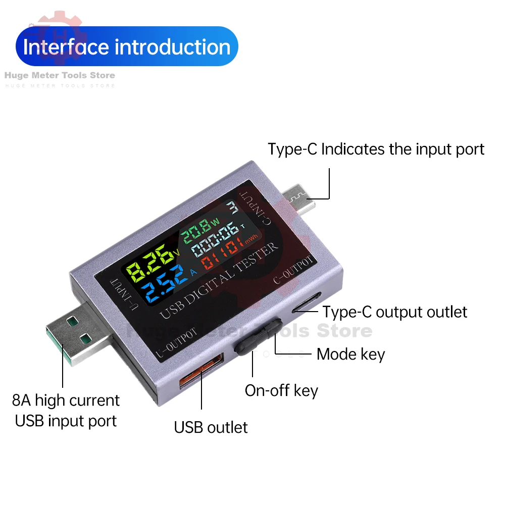 USB+Type-C Multi-function Digital Display DC Voltage Ammeter Power Meter DC 4.5~50V Voltmeter Ammeter Charger Capacity Tester