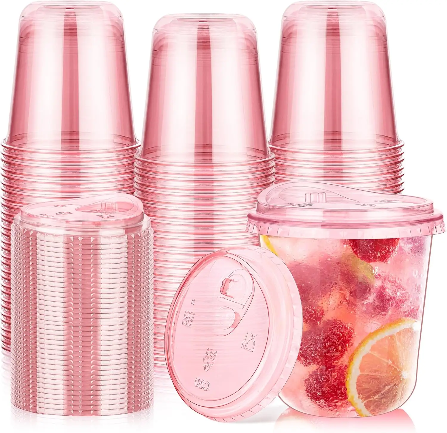 

50 Pack 12 oz Pink Plastic Party Cups with Sip Lids, Disposable Iced Coffee Cups for Valentine's Galentine's Bachelorette Party