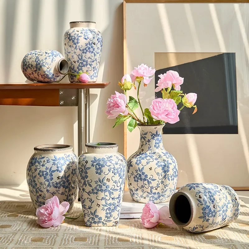 Blue White Porcelain Ceramic Vase Jingdezhen Style Luxury Floral Arrangement Decor for Living Room Home Ornament