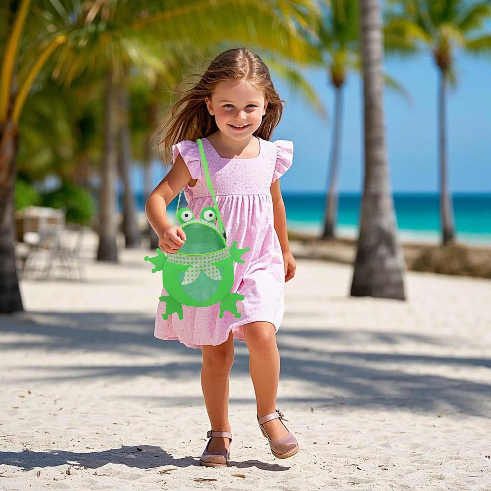 Borsa da spiaggia Setaccio per sabbia Borsa da raccolta conchiglia Borsa portatile regolabile a forma di rana per la raccolta di vacanze all'aperto per bambini, ragazzi e ragazze