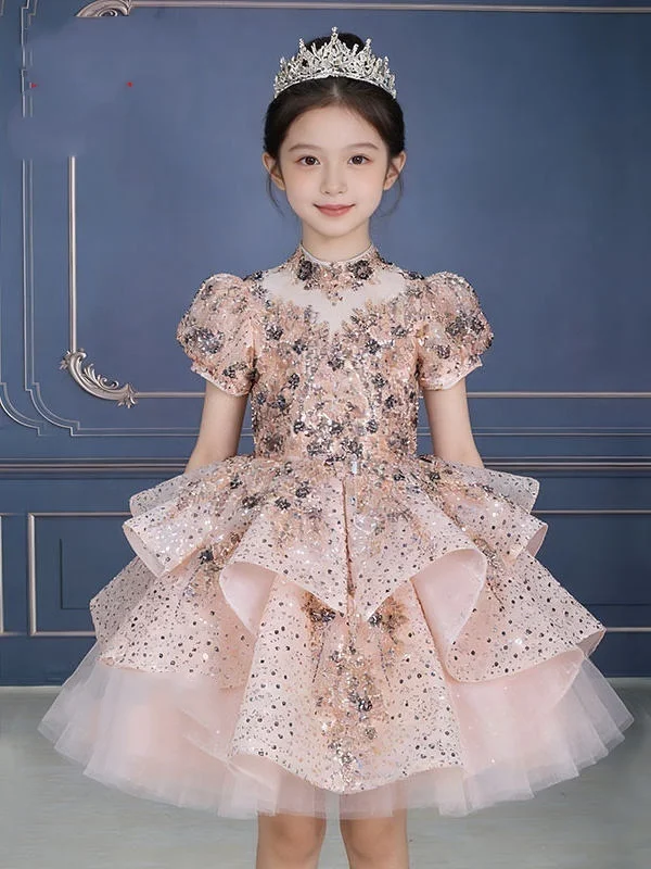

Custom Flower Girl Dress Wedding Gown Birthday Party Pageant High Neck Puff Sleeve Sequin Tulle Short Dress فساتين اطفال