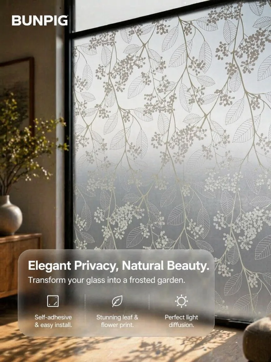 BUNPIG Leaf Pattern Frosted Privacy Window Film Self Adhesive UV Block Heat Control Waterproof for Home Office Glass Door