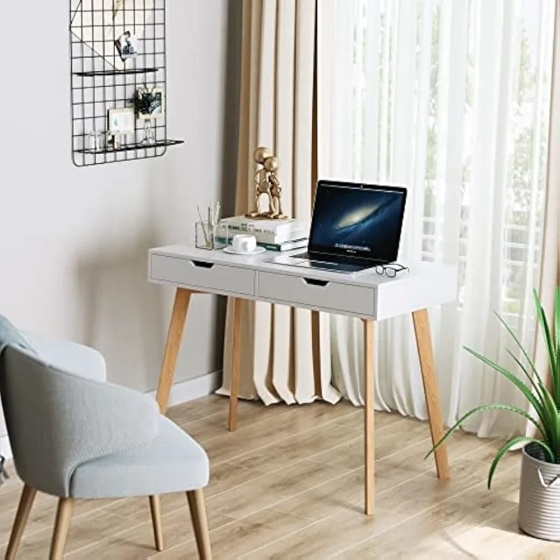 White Computer Writing Desk with 2 Drawers, Small Desk Makeup Vanity Table Wood Desk with 4 Oak Legs, Console Study Table