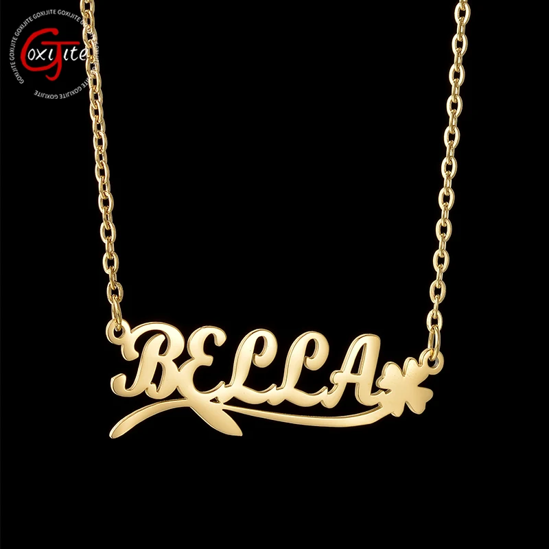 Goxijite Personalized Name Necklace For Women Girls Stainless Steel Custom Nameplate Necklaces With Flower Jewelry Best Gift