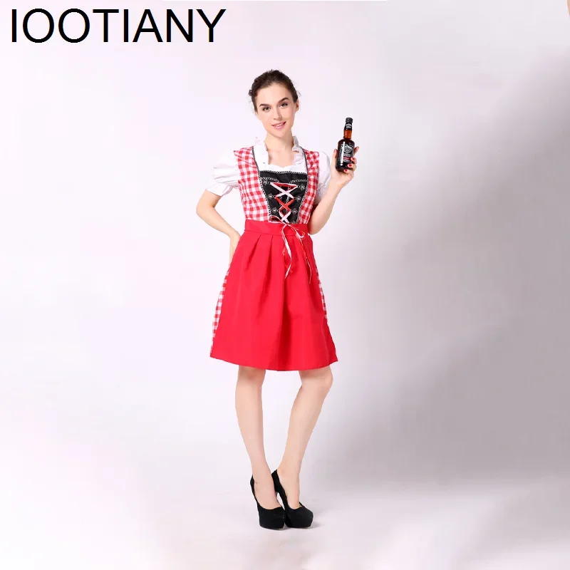 Cosplay carnaval Bar cerveza sirvienta camarera Cosplay disfraz mujer Oktoberfest bávaro vestido largo azul adulto Oktoberfest delantal