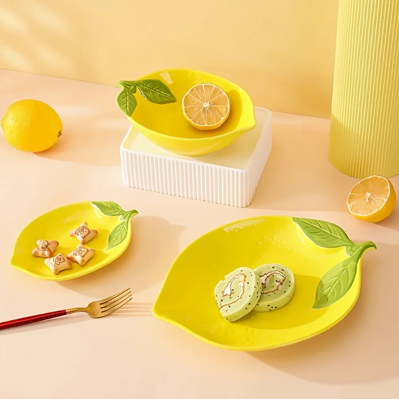 

3-Piece Yellow Lemon Ceramic Tableware Set - Cute Fruit Design for Salads, Snacks, Desserts (Home & School)