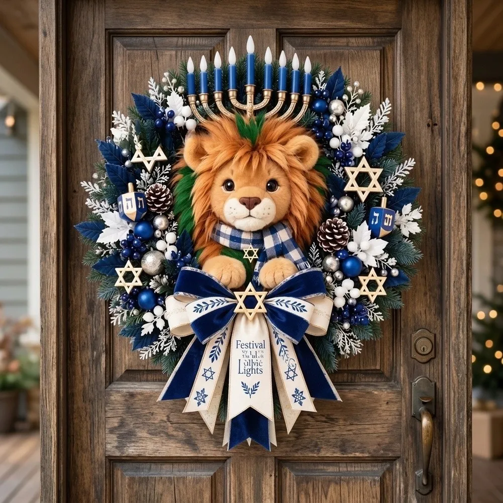 Hanukkah Lion Plush Wreath Handcrafted For Festival Of Lights Decor Reusable Front Door Wall Hanging Ornament For Jewish Holiday