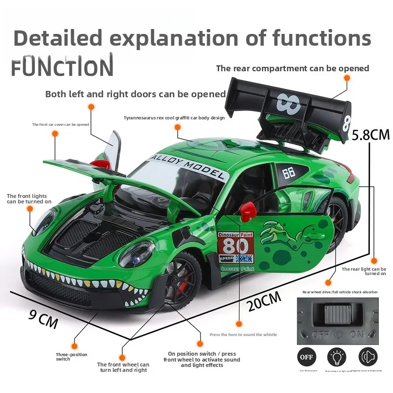 1:24 Scale Alloy 911 GT3 RS Model Unique Dinosaur Paint Job Built In Steering Pull Back Interesting Educational Kid Play Vehicle view 6