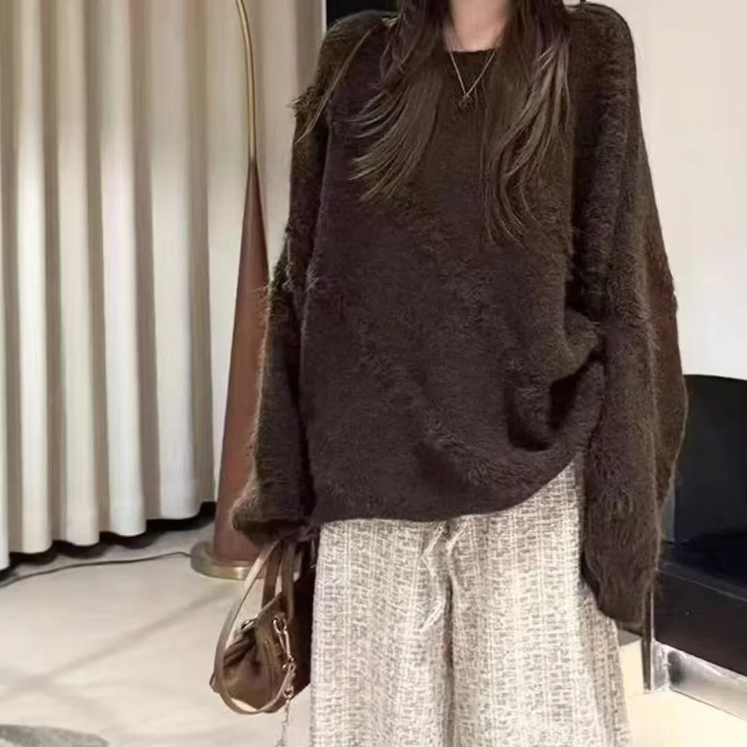Damska dzianinowa bluza z długim rękawem, okrągłym dekoltem, jednolita, z haftem frotte, luźny krój, wkładana przez głowę, jesienno-zimowa, miękka, przytulna, w stylu koreańskim.