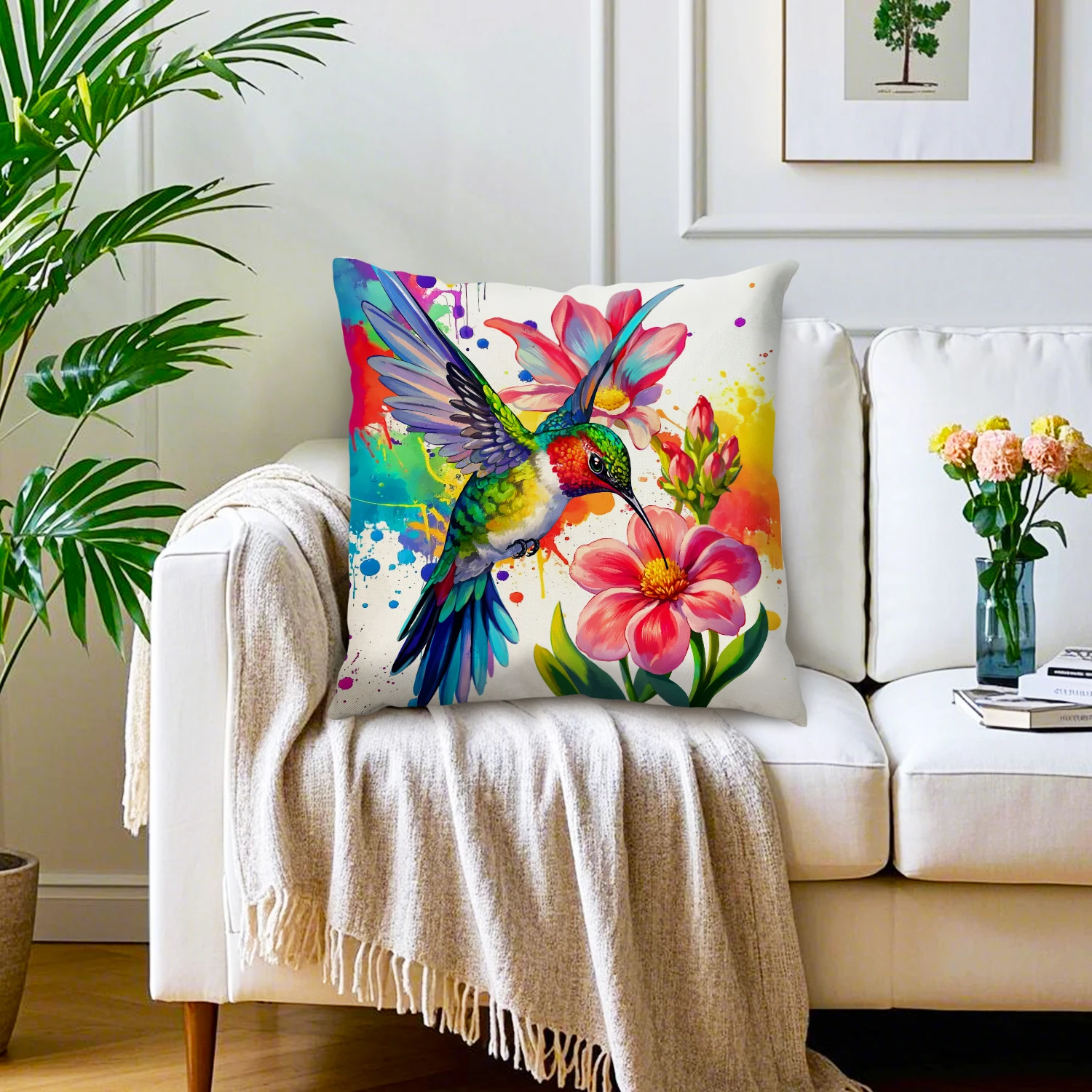Colorful Floral Watercolor Hummingbird Cushion Cover Linen Throw Pillow Case for Couch Sofa Bed Home Decorative Living Room