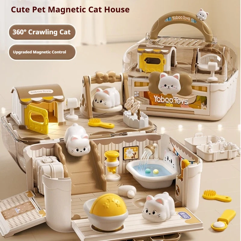 Magnetic Induction Cat Dollhouse Pretend Play With Light And Sound Effect Foldable Portable Play House Ideal Birthday Gift