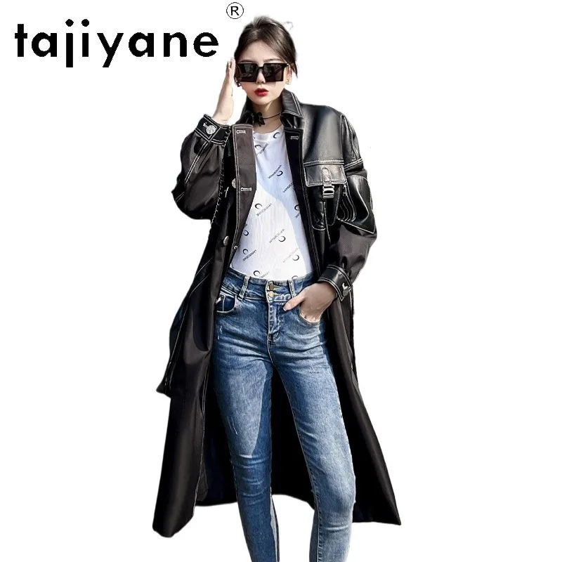 TAJIYANE Genuine Leather Jacket Woman Sheepskin Spliced Leather Coat Slim Fit Jackets for Woman Long Trench Coat 110cm Outerwear
