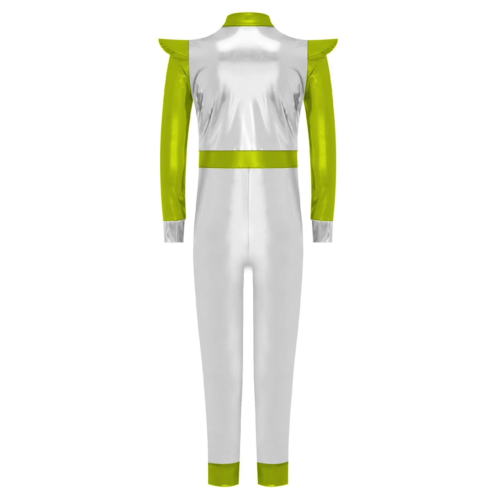 Children Space Astronaut Alien Robot Costume Halloween Party Galaxy Warrior Cosplay Dress Up Long Sleeve Shiny Metallic Jumpsuit