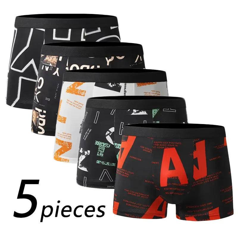 Calzoncillos Bóxer con estampado aleatorio para hombre, ropa interior deportiva, suave, a la moda, informal, 4 colores, 2XL, 3XL, 4XL, 5 piezas