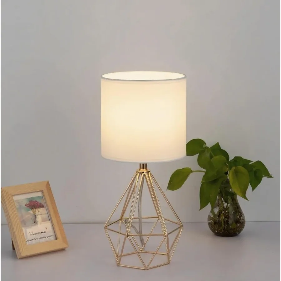 Modern Hollow Out Base Bedroom Small Table Lamp, Bedside Nightstand Lamp with Geometric Metal Base White Fabric Shade, Cute Des view 6