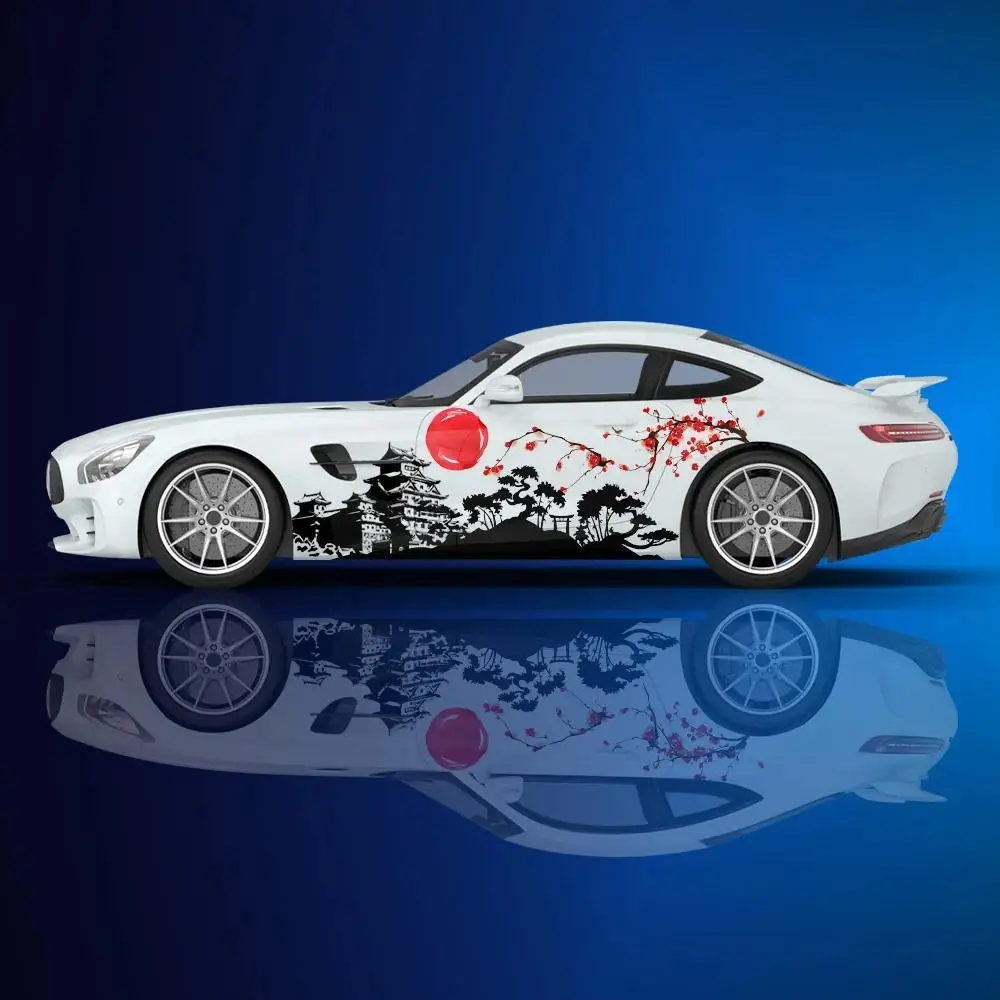 日本の風景水墨画車体サイドステッカーレーシングフルカラーデカールユニバーサルビニールラップ装飾アクセサリー車デ