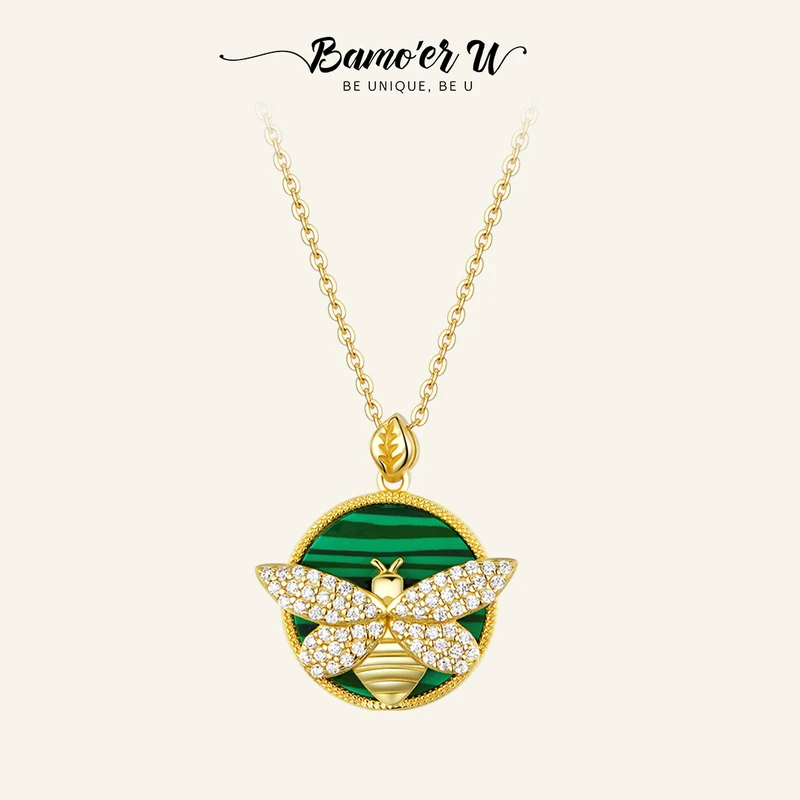 BAMOER U 925 Sterling Silver Lucky Bee Necklace for Women Plated Gold Pendant Bead Fashion Necklaces Fine Party Jewelry Gift