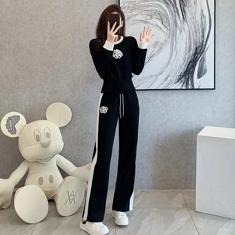 

New Casual Knitted Sweater Pants Sets Women Spring Print O-neck Long Sleeve Sweaters + Sport Wide Leg Pants Two Piece Outfits