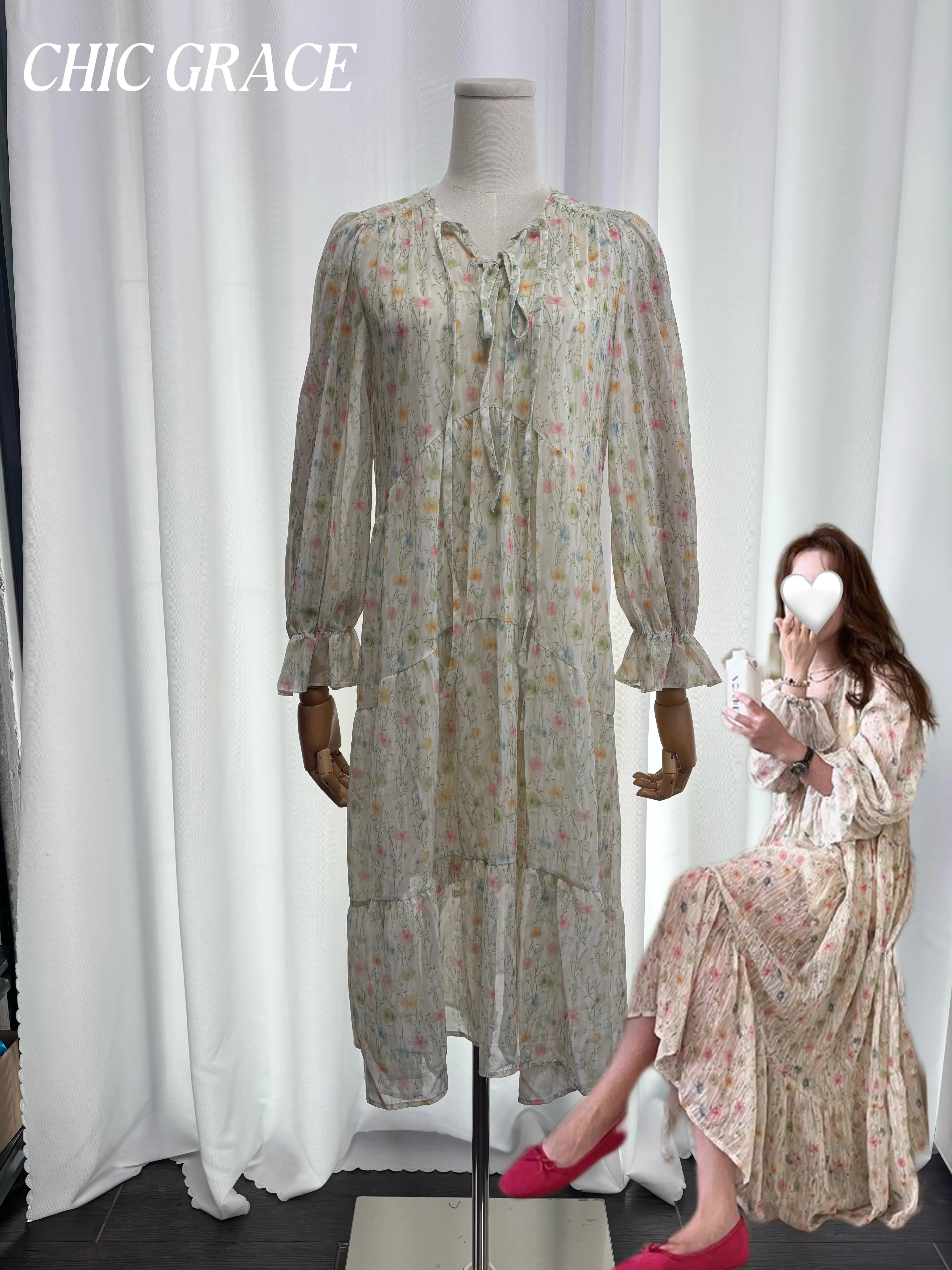 

Real Shot French Style Floral Print Maxi Dress Women Spring Soft Lazy Temperament Loose Lantern Sleeve Long Dress Elegant Garden