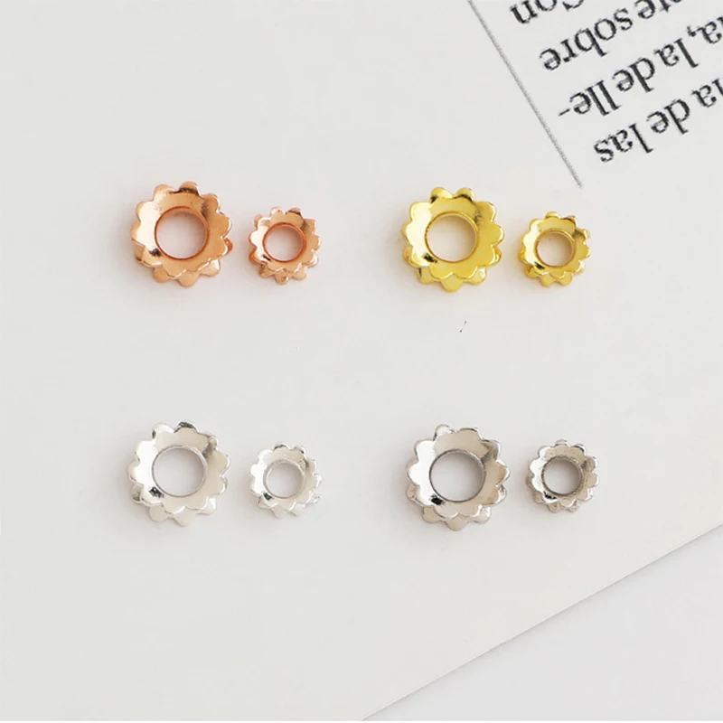 2pcs 100%925 Sterling Silver Gold-Plated Double-Sided Flower Beads 5/7mm Big Hole Rope Braiding Bracelets/Necklace DIY Jewelry