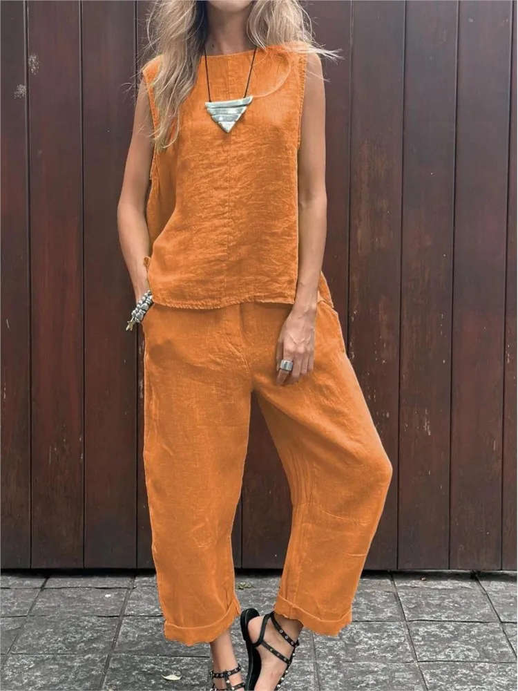 Spring Summer New Solid Color O-neck Sleeveless Cotton And Linen Women\'s Suit Fashion Pocket Casual Long Pants Female 2piece Set