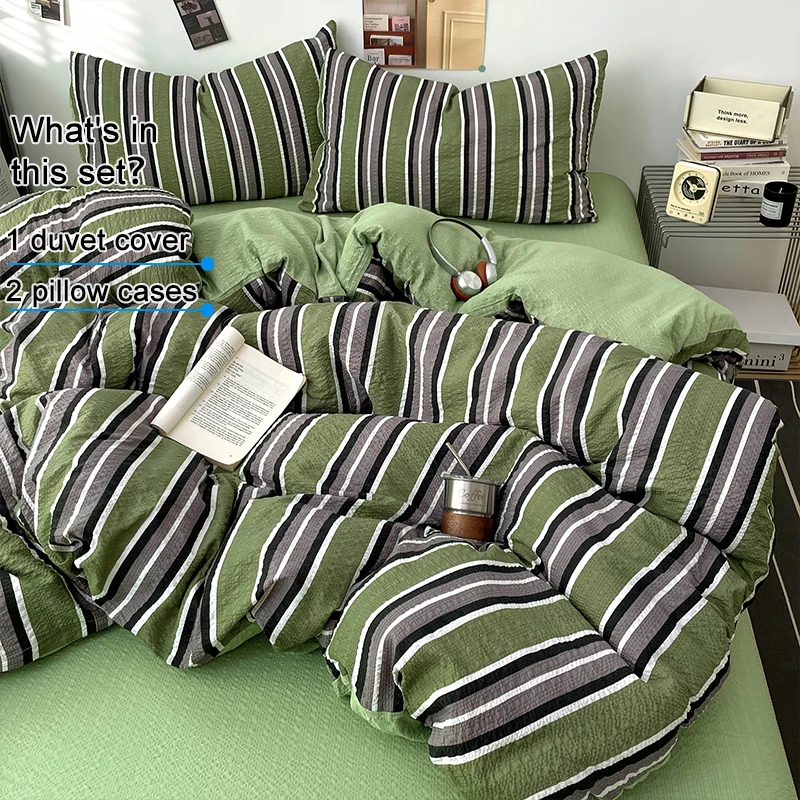 Olive Green Striped Bubble Crinkle 3-Piece Bedding Set, 1 Duvet Cover + 2 Pillowcases,Breathable Fade Resistant Machine Washable