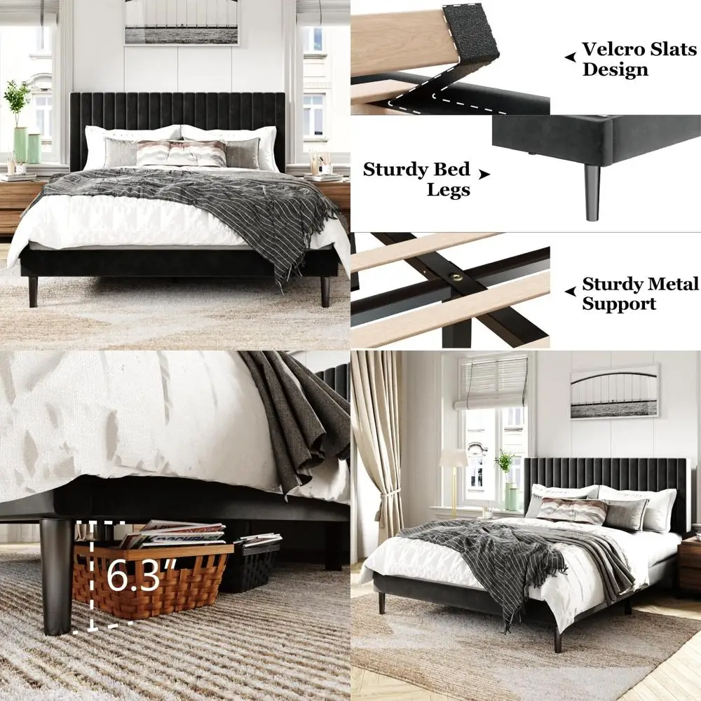 إطار سرير كامل الحجم من اللوح الأمامي المنجد المخملي مع منصة ودعم شريحة خشبية، زنبرك صندوق اختياري