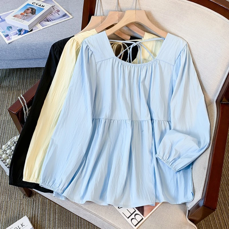 

Блузки больших размеров, женские свободные рубашки с длинными рукавами, корейские милые топы на шнуровке с квадратным воротником, завязкой на талии