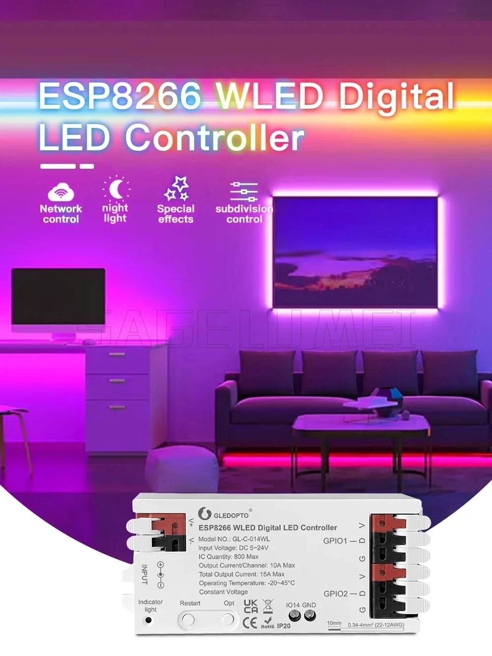 WLED LED تحكم Mic UART تنزيل صوت الموسيقى الديناميكي RGB لتقوم بها بنفسك GLEDOPTO ESP32/8266 WiFi WS2811/2812 SK6812 TM1814 WS2813/2815