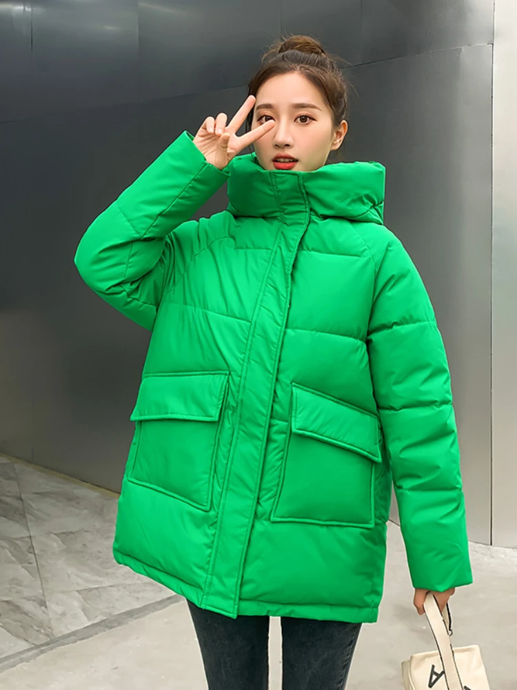 

Autumn Winter Thicken Warm Medium Long Chic Parka Women Sweety Solid Color Big Pocket Loose Hooded Coat Outwear JJ571