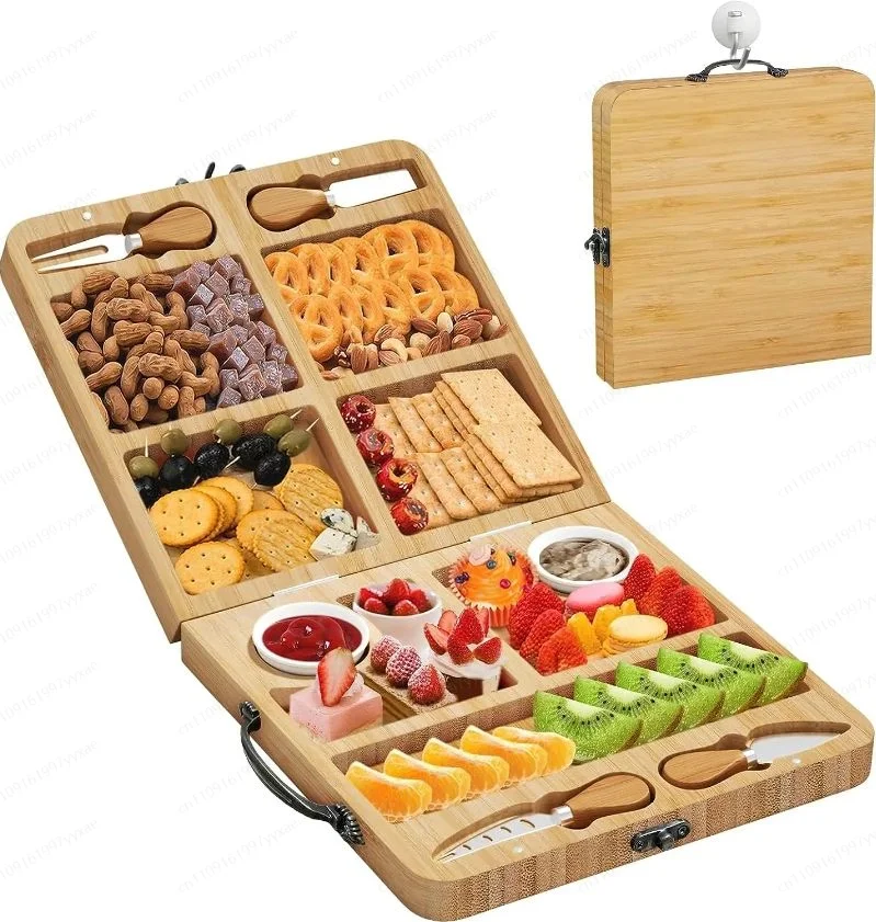 

Foldable Cheese Plate Gift Box Picnic Deli Plate Belt Serving Knife Travel Deli Bamboo Meat Cheese Plate Set
