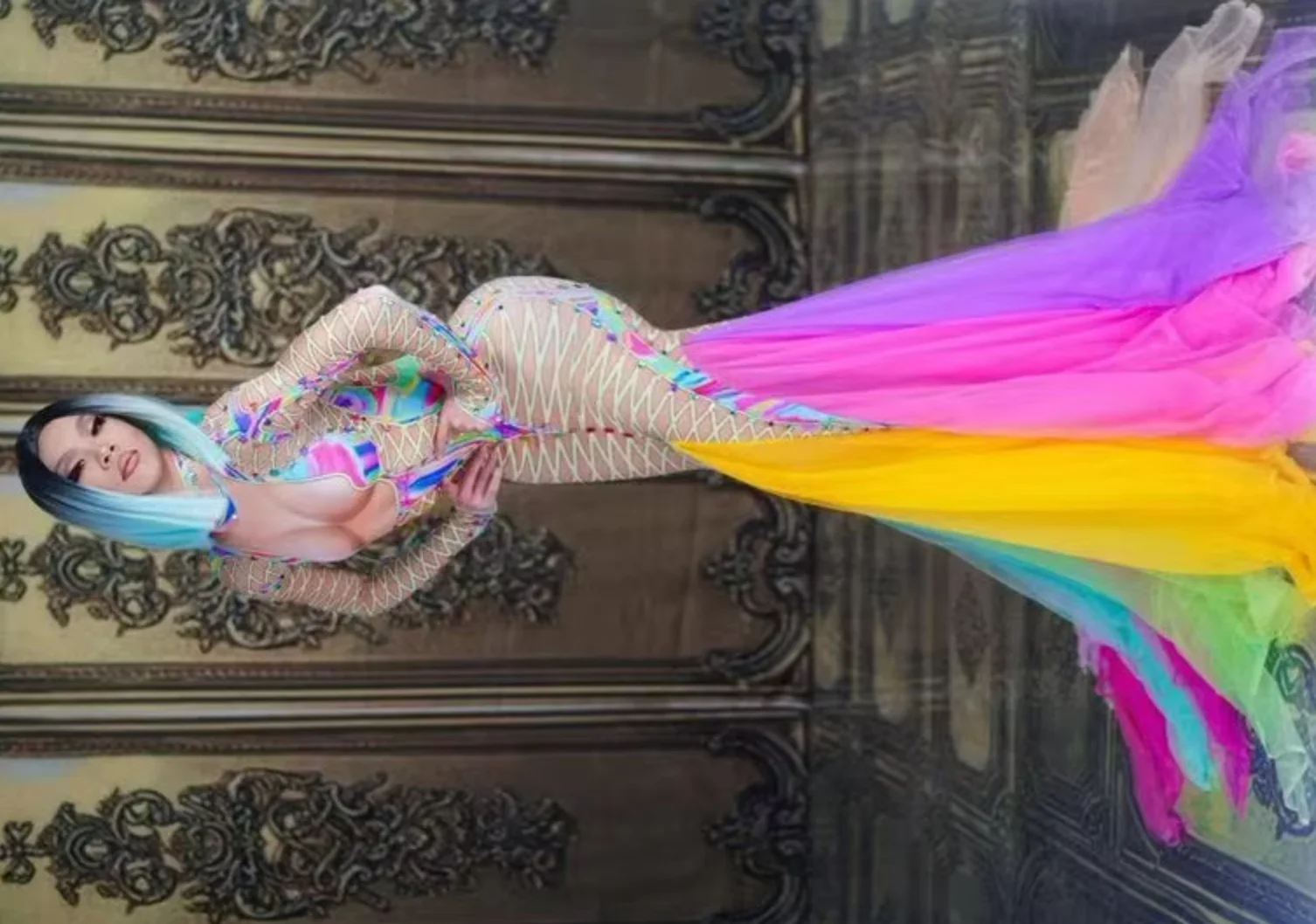 

Длинное радужное платье Couy Stage, певица, красочное вечернее платье со стразами