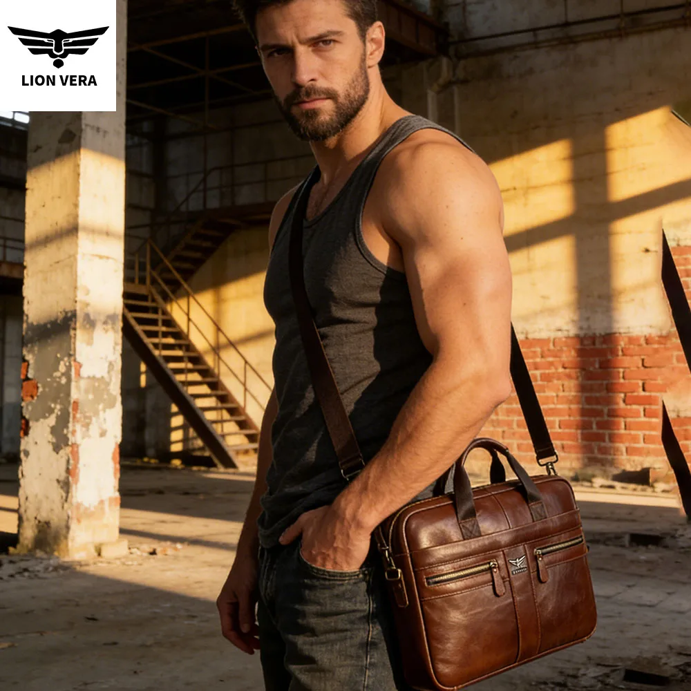 LION VERA Genuine Leahther Men Briefcase Portable Office Handbag for Laptop Bag High Quality Business Messenger Shoulder Bags Tr