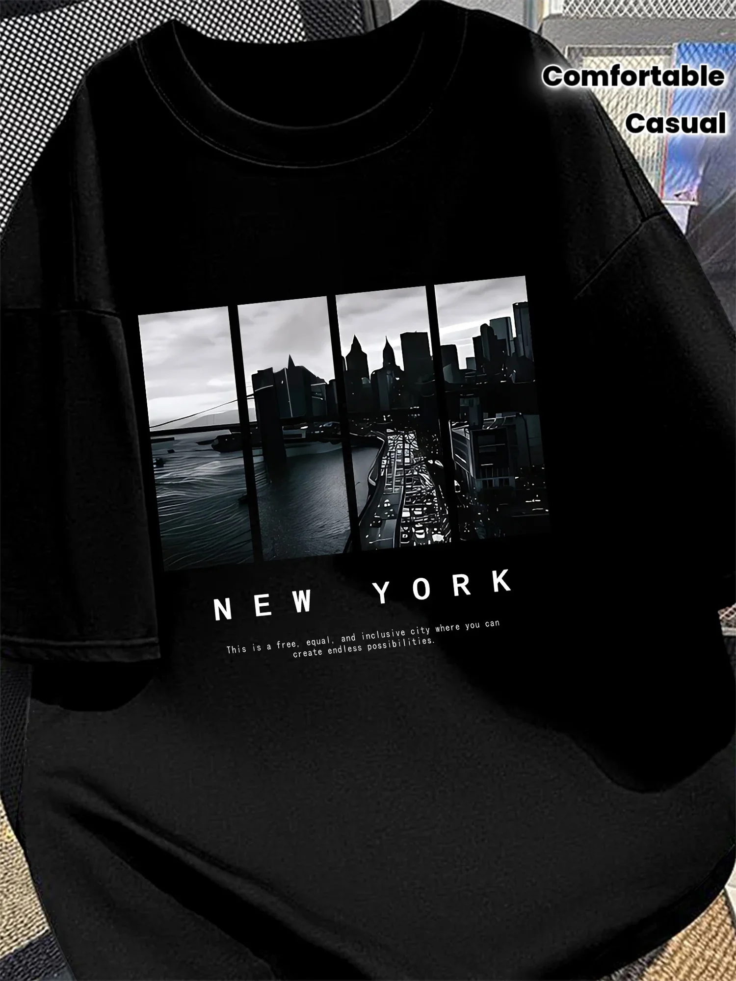 Men 100% Cotton Crew Neck T Shirt 4 Panel Black White New York City Skyline Graphic Print Short Sleeve Black Casual Street Tees